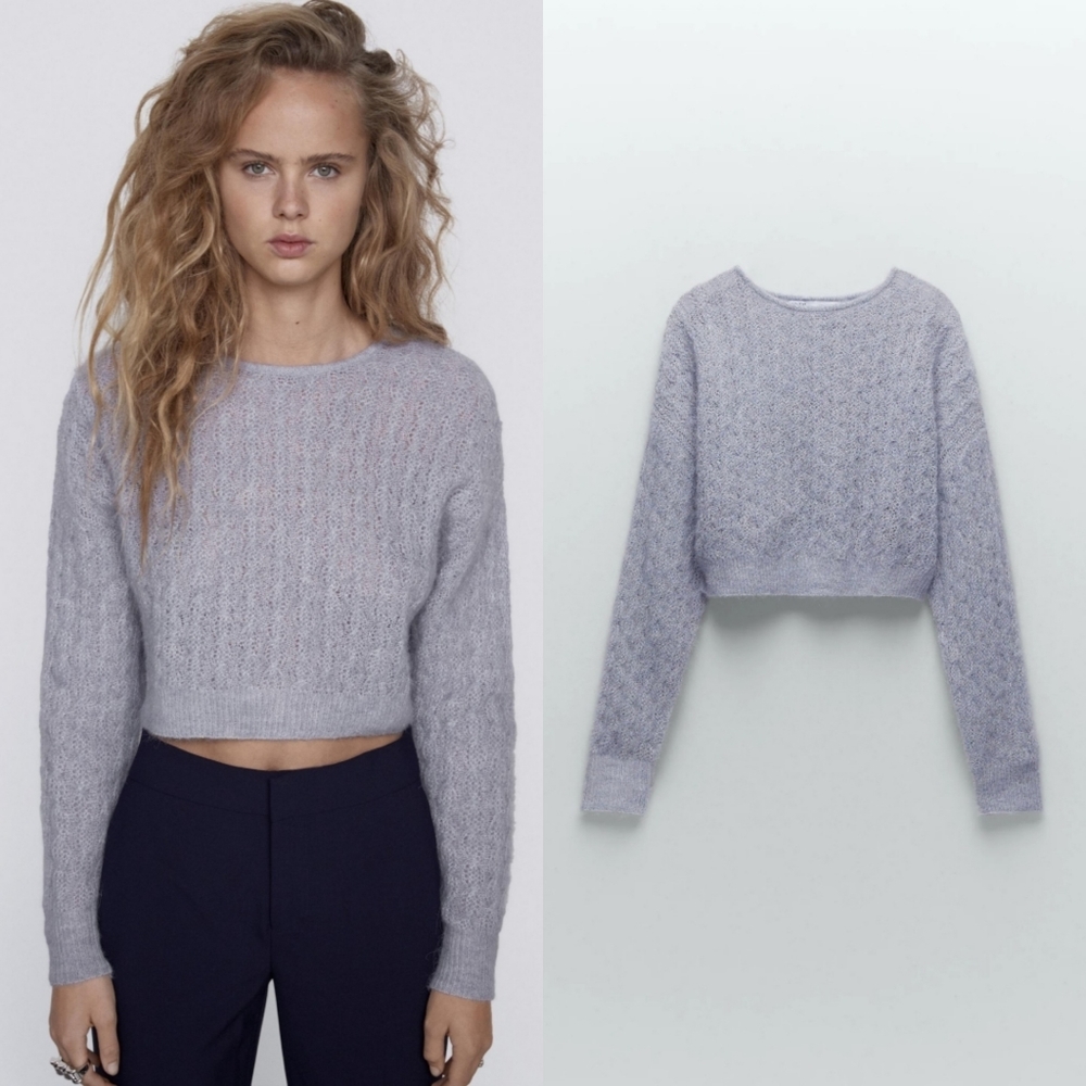 Zara Cropped Sweater Wool Alpaca Special Edition Open Knitwear Blue Size L